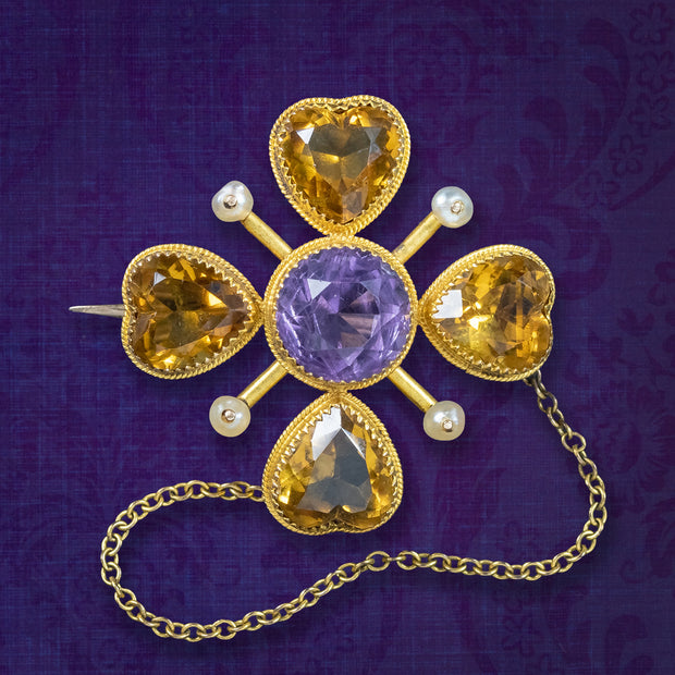 Antique Victorian Clover Brooch Amethyst Pearl Citrine  15ct Gold