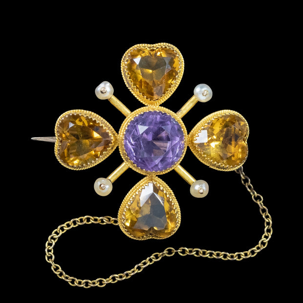 Antique Victorian Clover Brooch Amethyst Pearl Citrine  15ct Gold