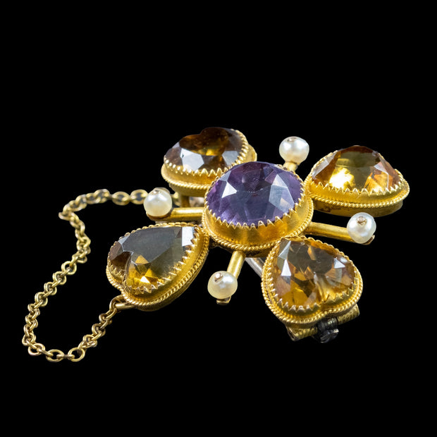 Antique Victorian Clover Brooch Amethyst Pearl Citrine  15ct Gold