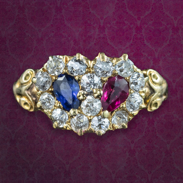 Antique Victorian Cluster Ring Entwined Diamond Sapphire Ruby Heart