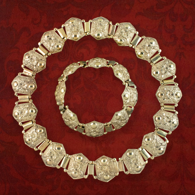 Antique Victorian Collar And Bracelet Set Silver 18ct Gold Gilt