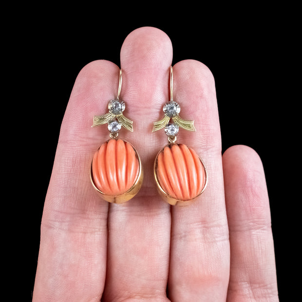 Antique Victorian Coral Diamond Drop Earrings 18ct Gold