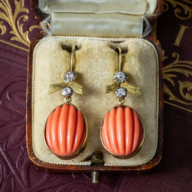 Antique Victorian Coral Diamond Drop Earrings 18ct Gold