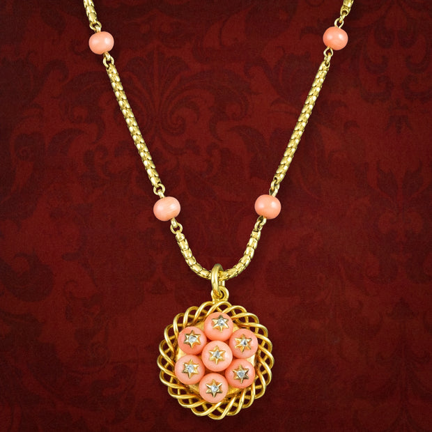 Antique Victorian Coral Diamond Pendant Necklace 15ct Gold With Locket