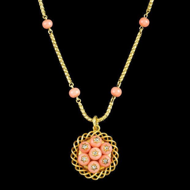 Antique Victorian Coral Diamond Pendant Necklace 15ct Gold With Locket