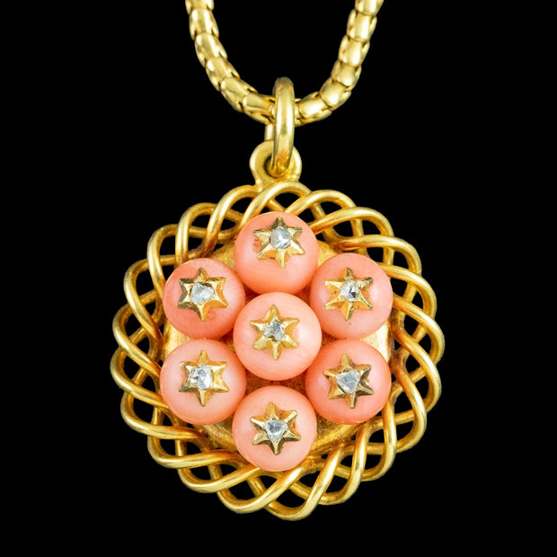 Antique Victorian Coral Diamond Pendant Necklace 15ct Gold With Locket