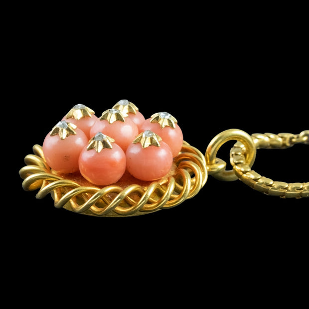 Antique Victorian Coral Diamond Pendant Necklace 15ct Gold With Locket