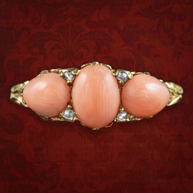 Antique Victorian Coral Diamond Trilogy Ring 