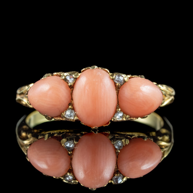 Antique Victorian Coral Diamond Trilogy Ring 