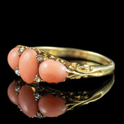 Antique Victorian Coral Diamond Trilogy Ring 