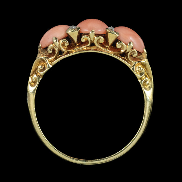 Antique Victorian Coral Diamond Trilogy Ring 
