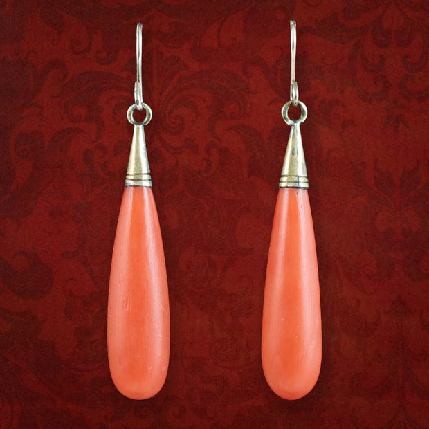 Antique Victorian Coral Drop Earrings 18ct Gold