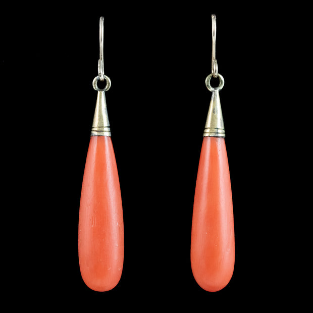 Antique Victorian Coral Drop Earrings 18ct Gold