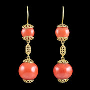Antique Victorian Coral Drop Earrings 18ct Gold