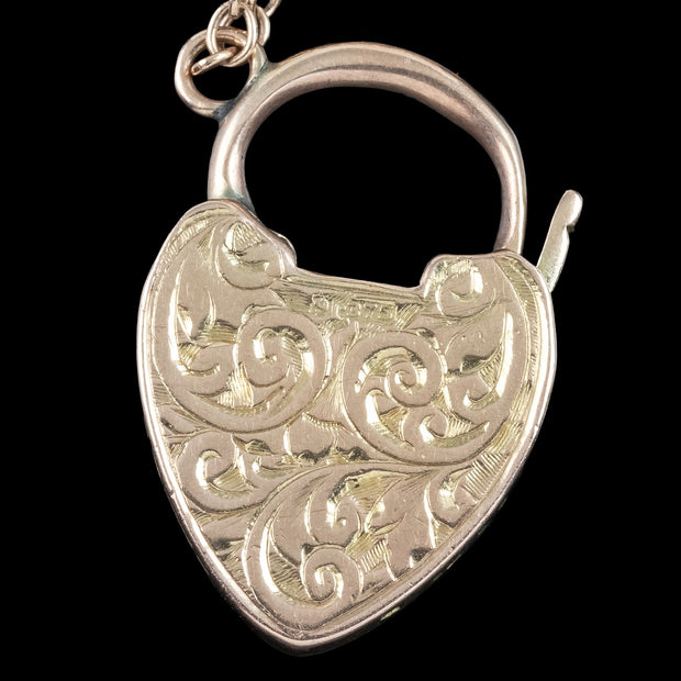 Antique Edwardian Curb Bracelet 9ct Gold With Heart Padlock Dated 1906