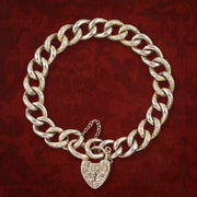 Antique Edwardian Curb Bracelet 9ct Gold With Heart Padlock Dated 1906