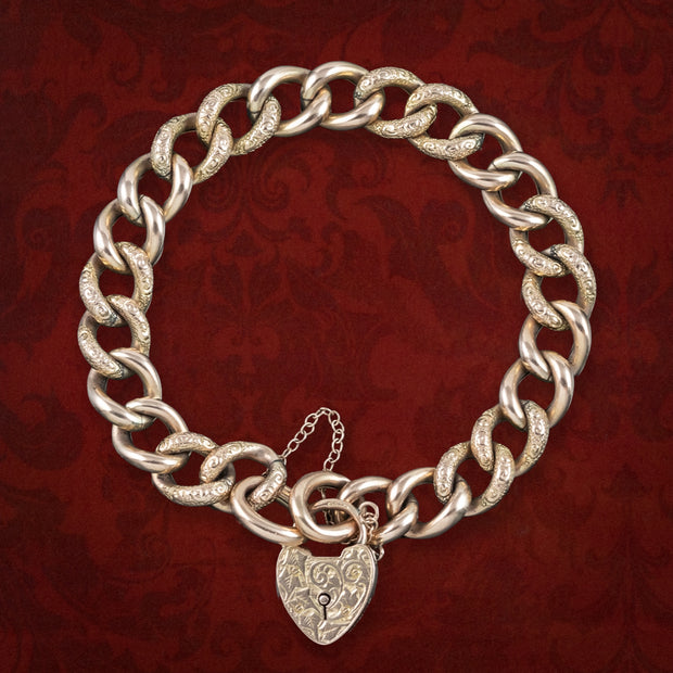 Antique Edwardian Curb Bracelet 9ct Gold With Heart Padlock Dated 1906