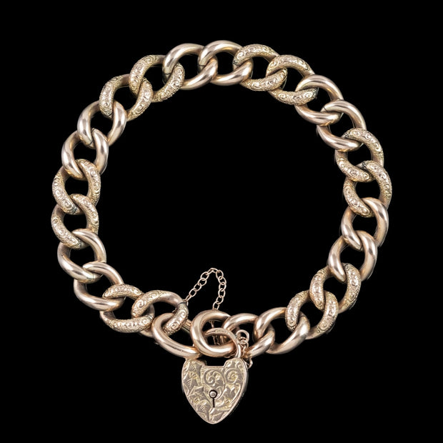 Antique Edwardian Curb Bracelet 9ct Gold With Heart Padlock Dated 1906