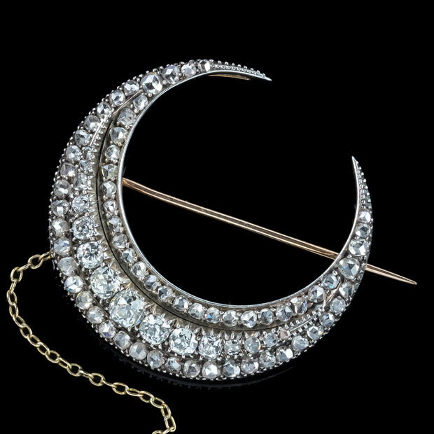 Antique Victorian Diamond Crescent Moon Brooch 3.5ct Total