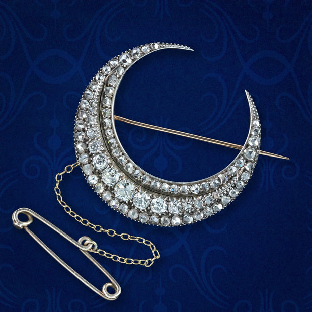 Antique Victorian Diamond Crescent Moon Brooch 3.5ct Total