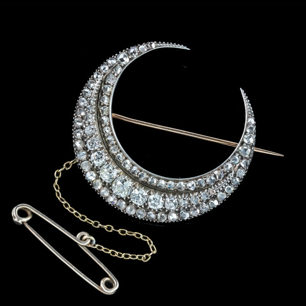 Antique Victorian Diamond Crescent Moon Brooch 3.5ct Total