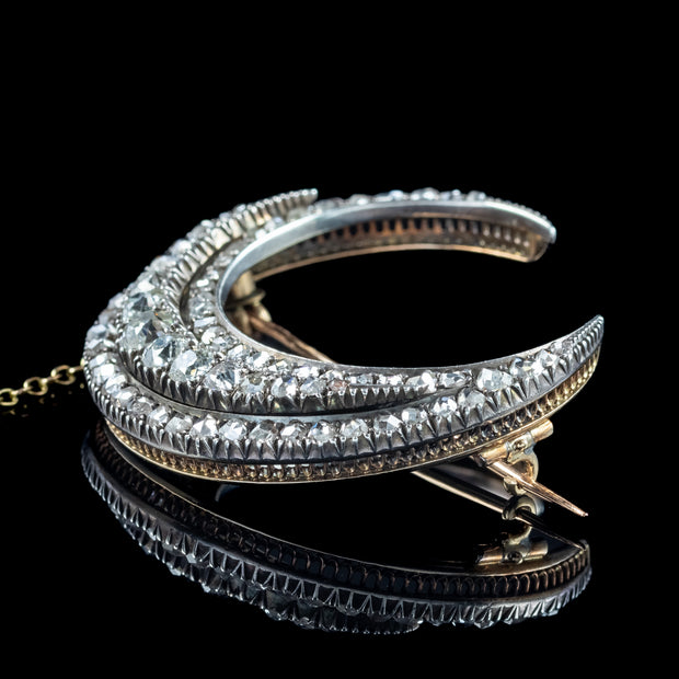 Antique Victorian Diamond Crescent Moon Brooch 3.5ct Total