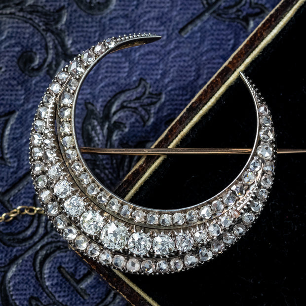 Antique Victorian Diamond Crescent Moon Brooch 3.5ct Total