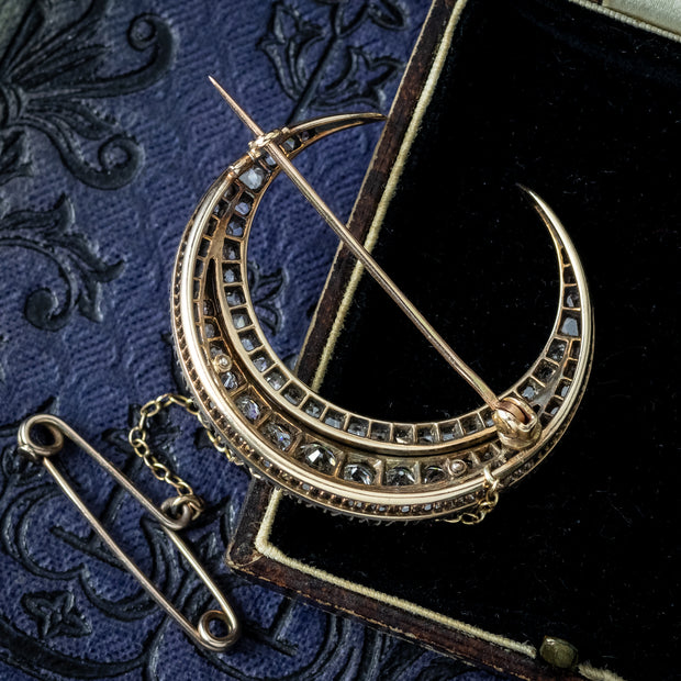 Antique Victorian Diamond Crescent Moon Brooch 3.5ct Total
