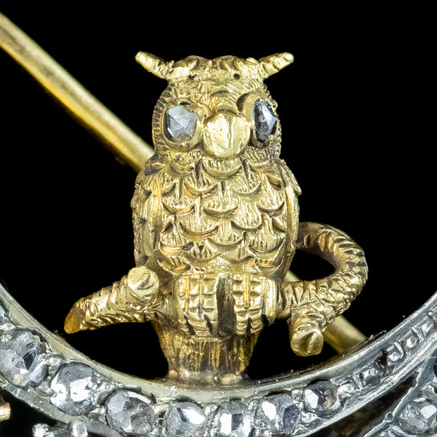 Antique Victorian Diamond Crescent Moon Owl Brooch Silver 18ct Gold