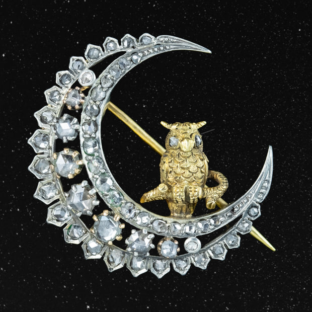 Antique Victorian Diamond Crescent Moon Owl Brooch Silver 18ct Gold