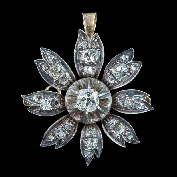 Antique Victorian Diamond Flower Pendant Brooch 1.9ct Total
