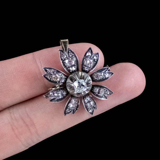 Antique Victorian Diamond Flower Pendant Brooch 1.9ct Total