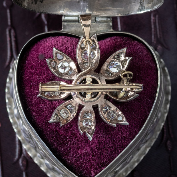 Antique Victorian Diamond Flower Pendant Brooch 1.9ct Total