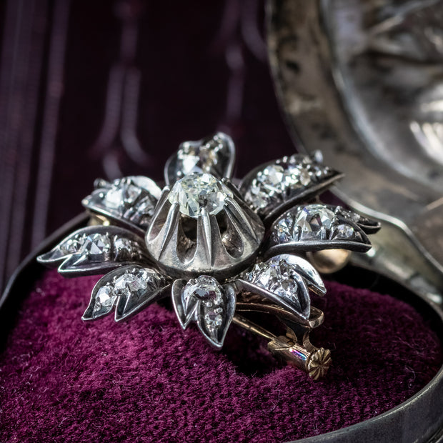 Antique Victorian Diamond Flower Pendant Brooch 1.9ct Total