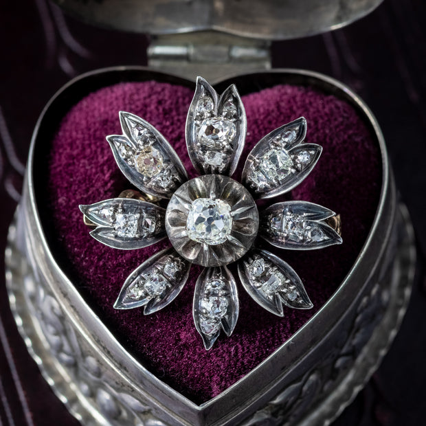 Antique Victorian Diamond Flower Pendant Brooch 1.9ct Total