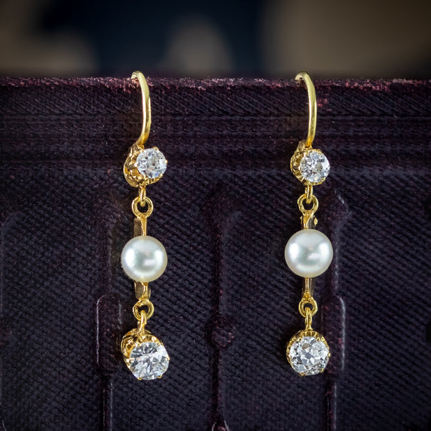 Antique Victorian Diamond Pearl Drop Earrings 18ct Gold