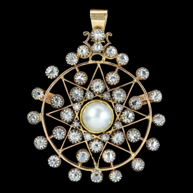 Antique Victorian Diamond Pearl Star Pendant 1.1ct Of Diamond