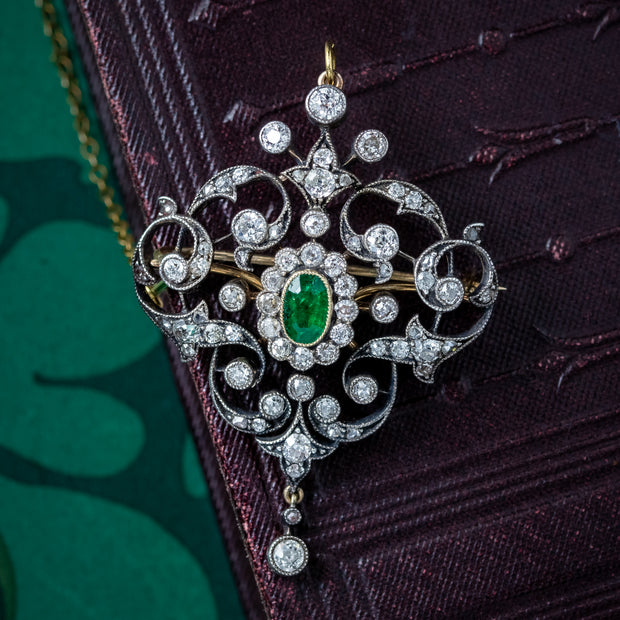 Antique Victorian Emerald Diamond Brooch Pendant 