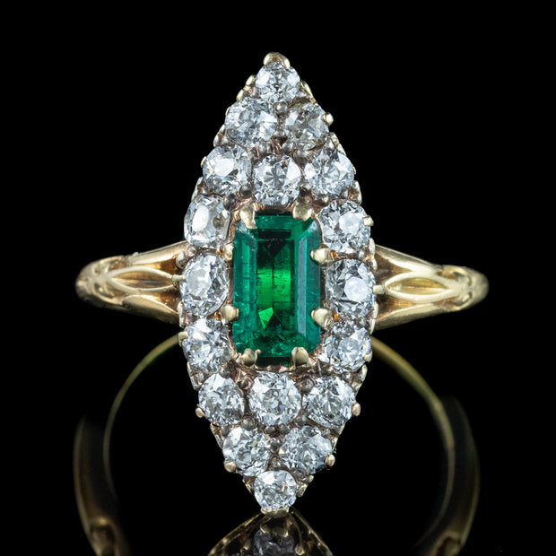 Antique Victorian Emerald Diamond Navette Cluster Ring 0.50ct Emerald 