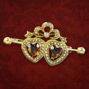 Antique Victorian Entwined Citrine Heart Brooch 18ct Gold