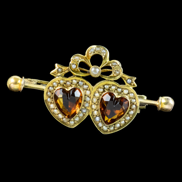 Antique Victorian Entwined Citrine Heart Brooch 18ct Gold