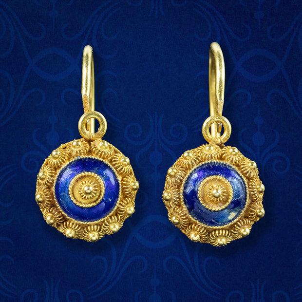 Antique Victorian Etruscan Enamel Earrings 18ct Gold