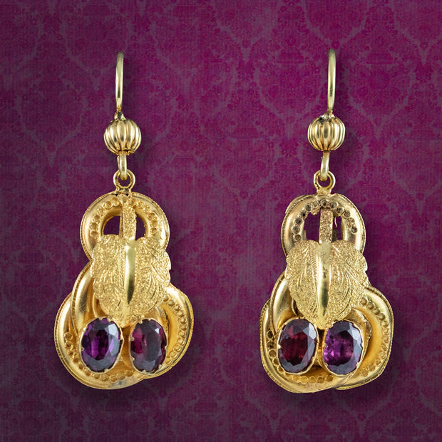 Antique Victorian Etruscan Garnet Drop Earrings 15ct Gold