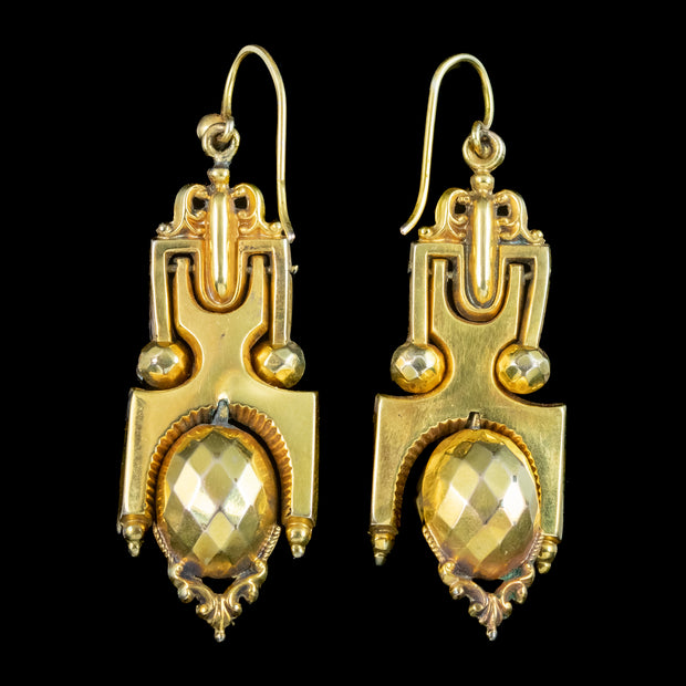 Antique Victorian Etruscan Paste Drop Earrings 18ct Gold With Box