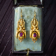 Antique Victorian Etruscan Paste Drop Earrings 18ct Gold With Box