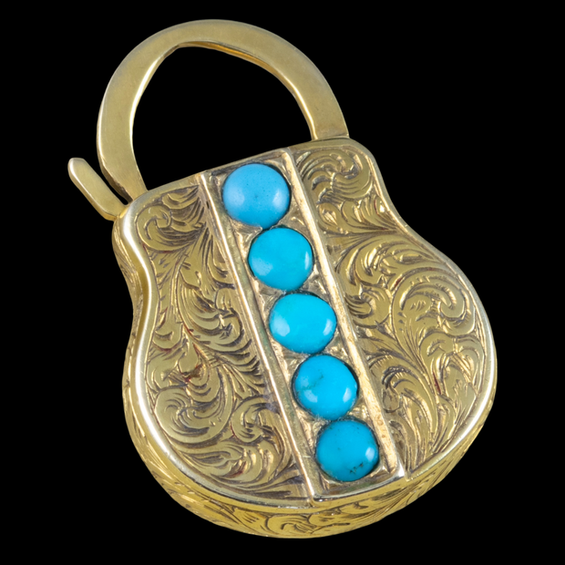 Antique Victorian Etruscan Turquoise Padlock Pendant 15ct Gold