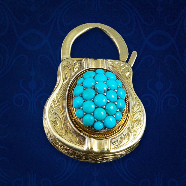 Antique Victorian Etruscan Turquoise Padlock Pendant 15ct Gold