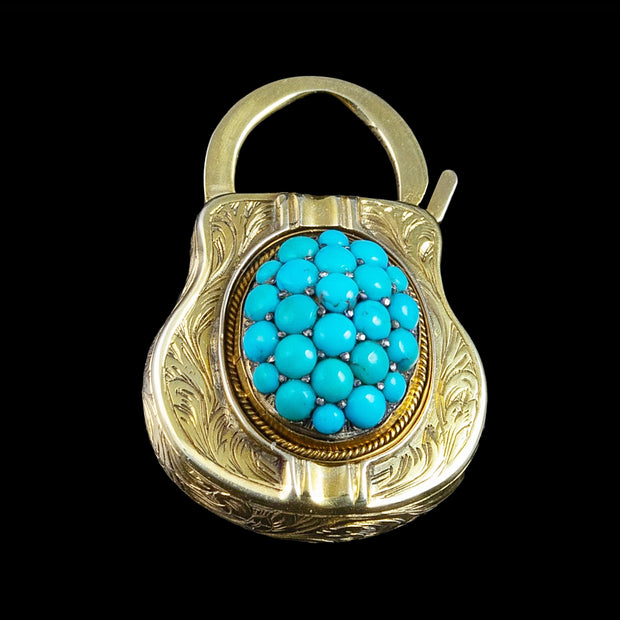 Antique Victorian Etruscan Turquoise Padlock Pendant 15ct Gold