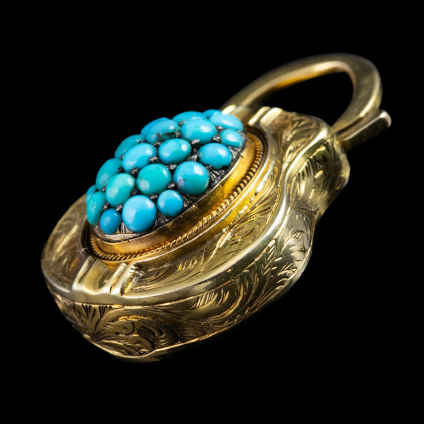 Antique Victorian Etruscan Turquoise Padlock Pendant 15ct Gold