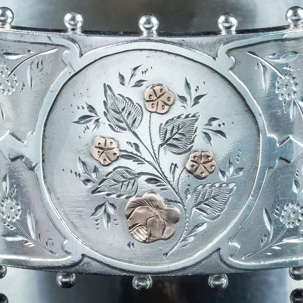 Antique Victorian Floral Cuff Bangle Sterling Silver Dated 1885